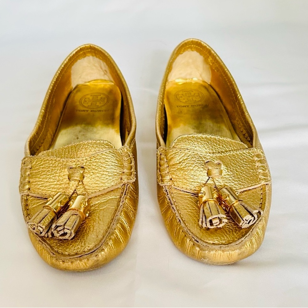 Tory Burch Lawrence Gold Leather Tassel Loafers | Size 8.5 | Fair Condition - Picture 2 of 6